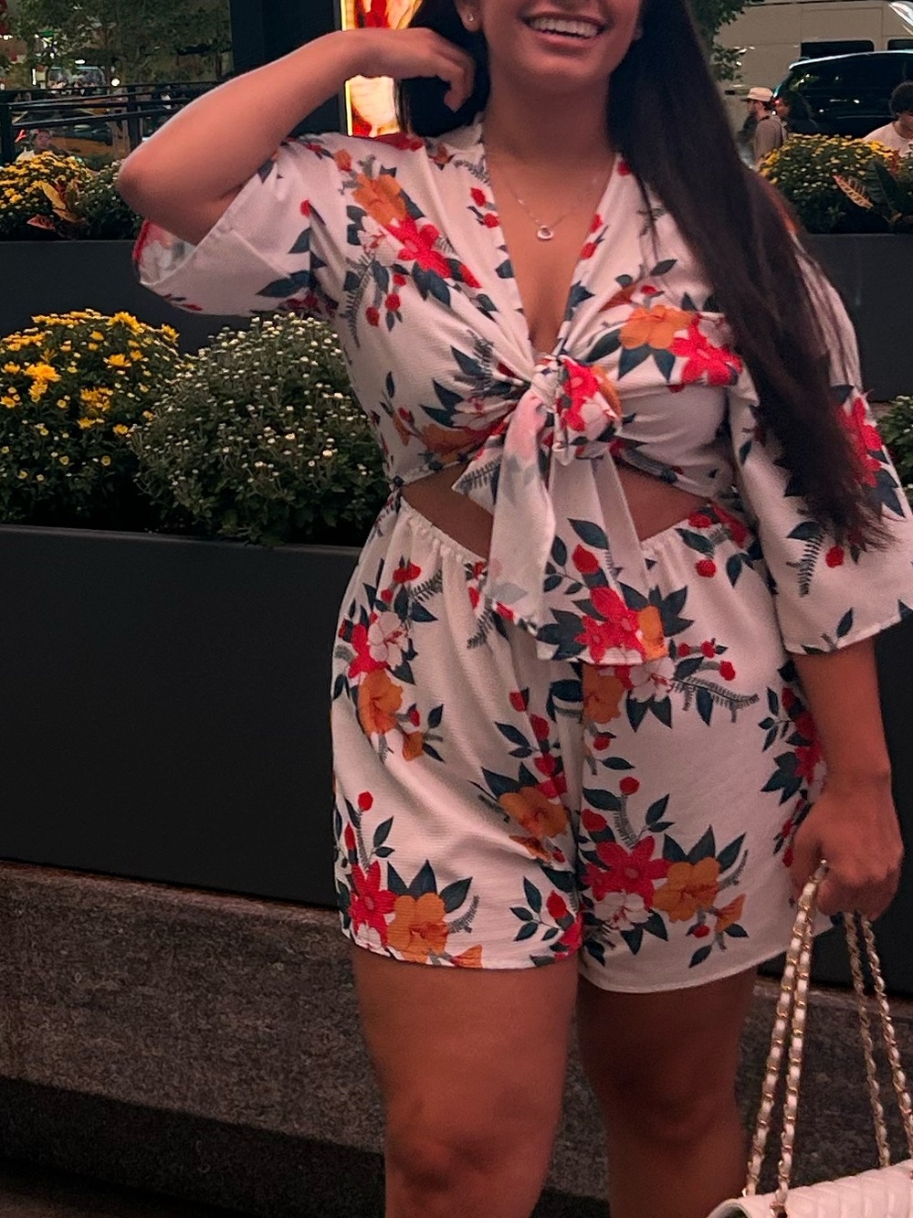 Floral Cut Out Tie Front Romper